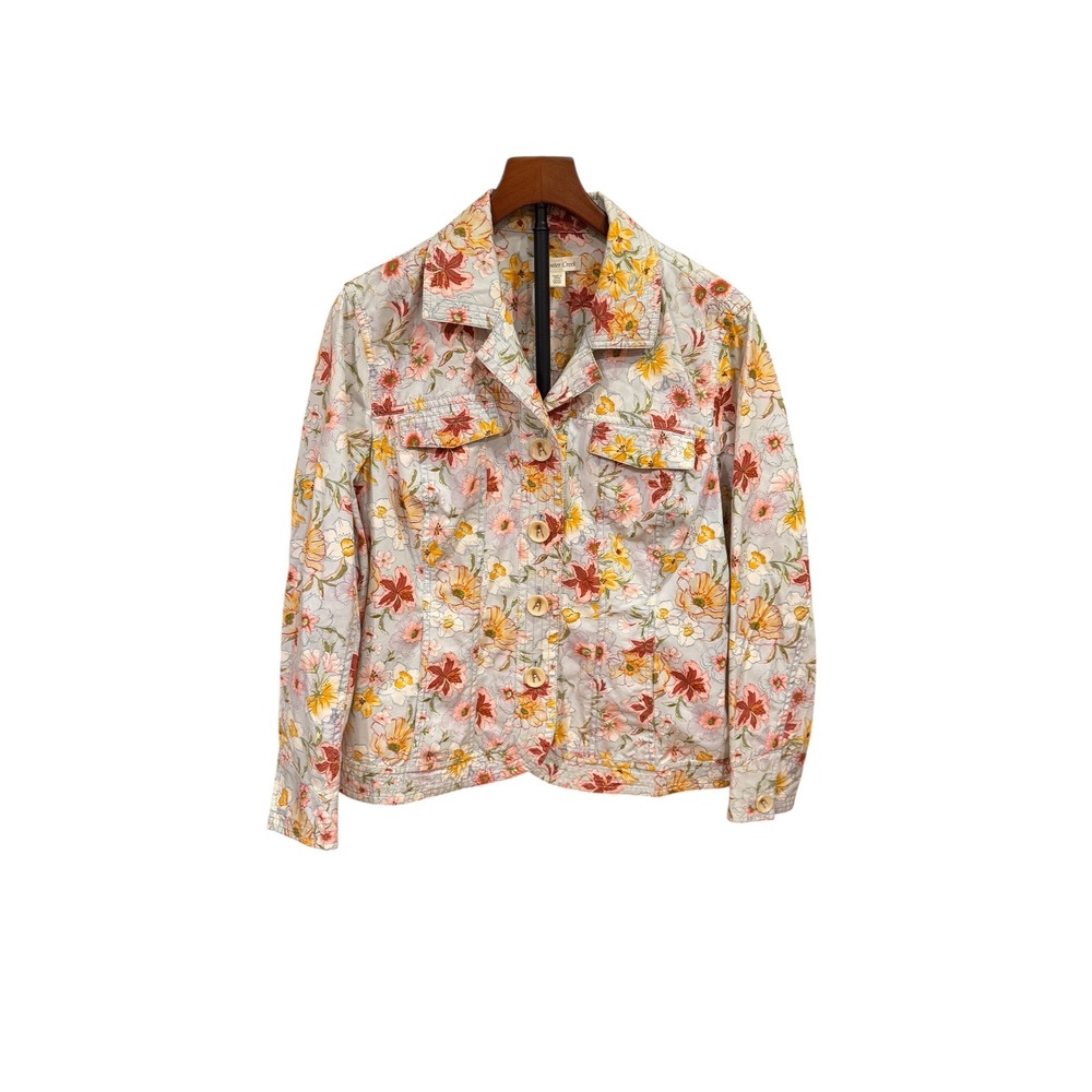 Coldwater Creek Floral Denim Jacket Women Blue Red Button 18 Cottagecore Cotton